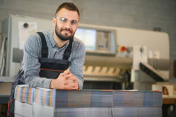 printing house, experimented technician works on UV printer. Production work.